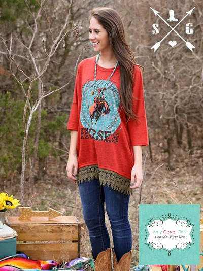 Hold Your Horses on Rust Tunic with Brown Lace Trim