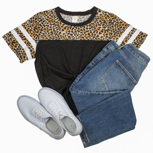 Short Sleeve Leopard Top Stripes Black