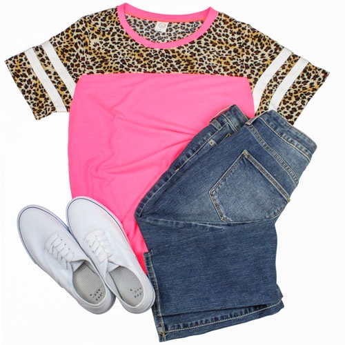 Short Sleeve Leopard Top Stripes Hot Pink