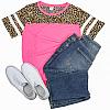 Short Sleeve Leopard Top Stripes Hot Pink