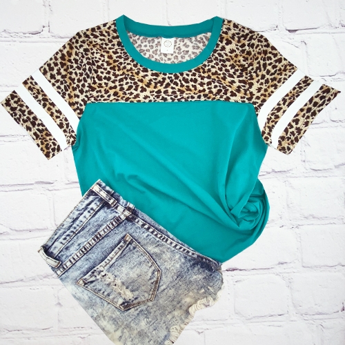 Short Sleeve Leopard Top Stripes Turquoise